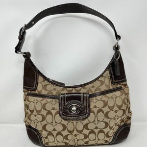 Coach Hampton Signature Jacquard Leather Hobo Brown & Khaki Canvas Shoulder Bag